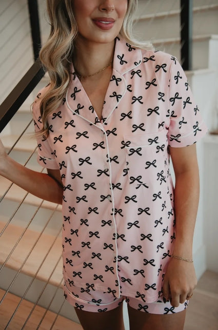 Black & Pink Mini Coquette Bows Loungewear Set